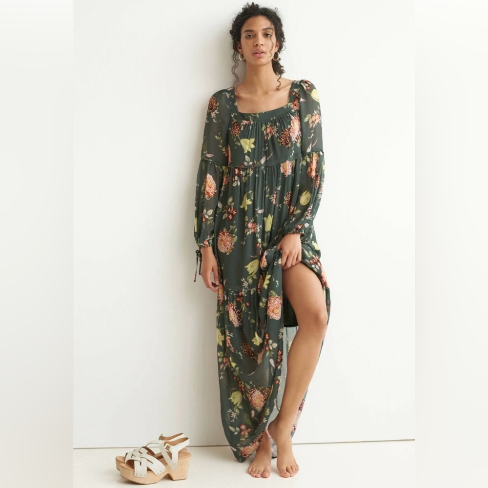 Anthropologie Evelin Dark Green Floral Maxi Dress Sz S